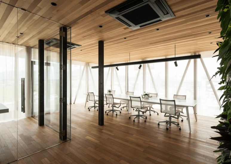 Engineered hardwood flooring in an open commercial office space