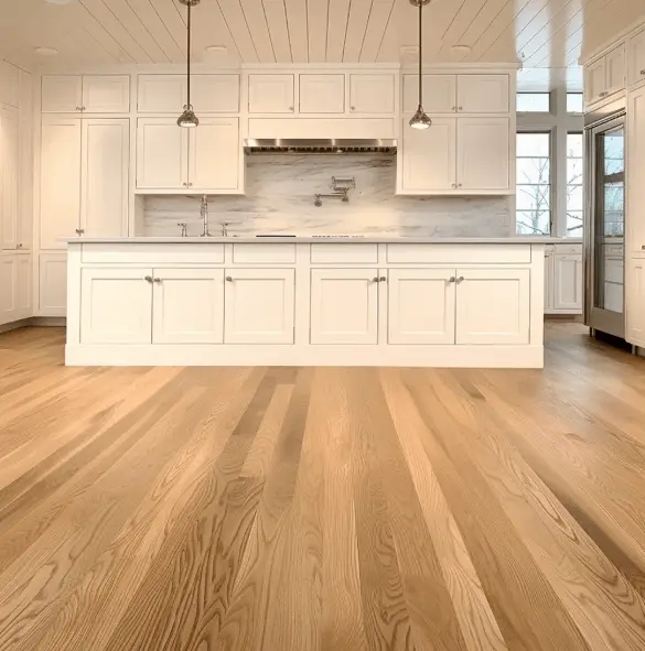Red oak floorboards showing grain and color variation in daylight