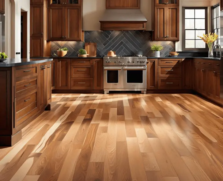 Warm oak hardwood floor laid around a kitchen island and cabinet run